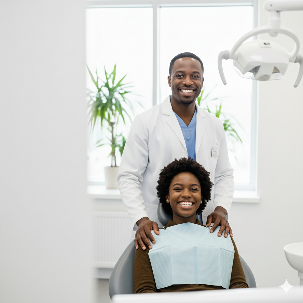 Dentist behind patient